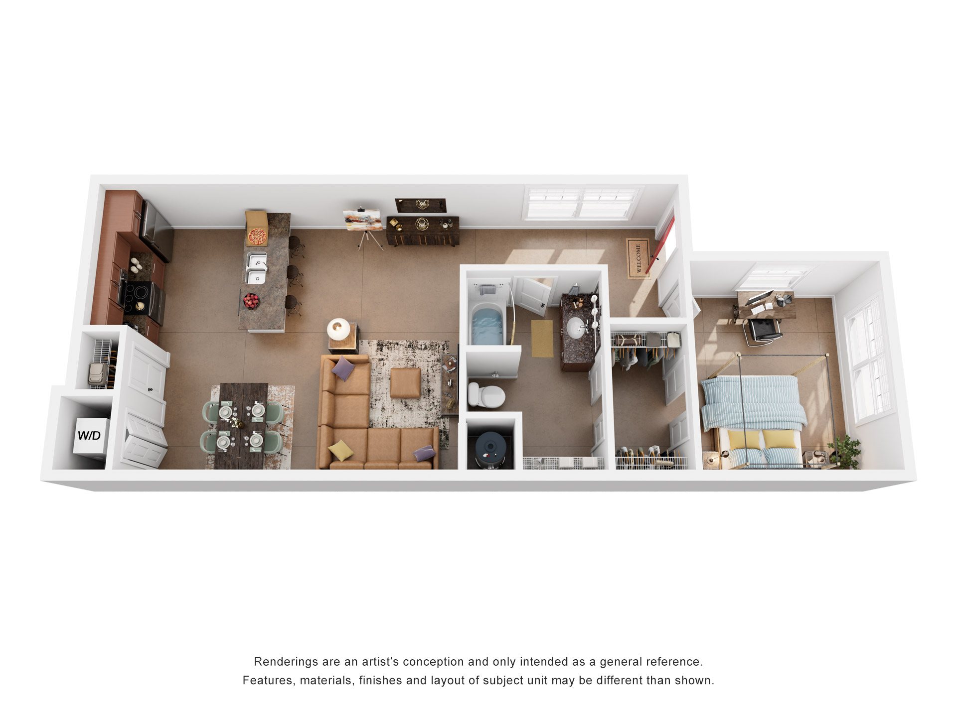 Floor plan for 1 bed, 1 bath, 830 sqft